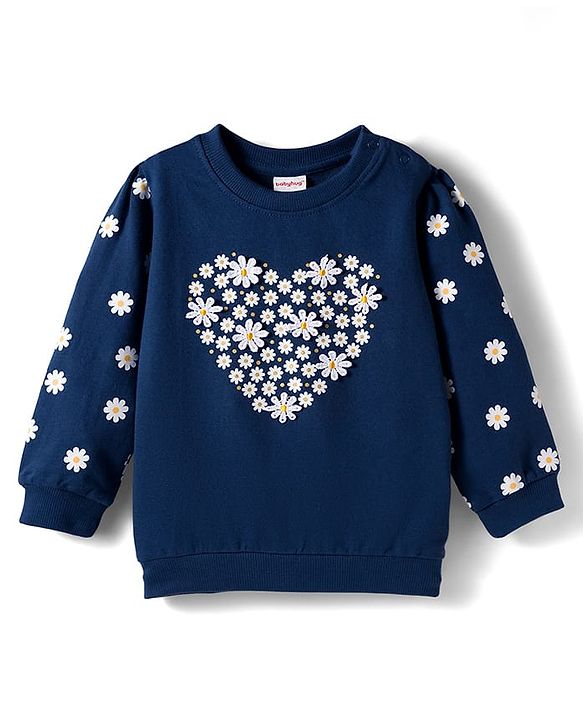 Babyhug Cotton Knit Full Sleeves Sweatshirt With Floral Print & Applique - Navy Blue
