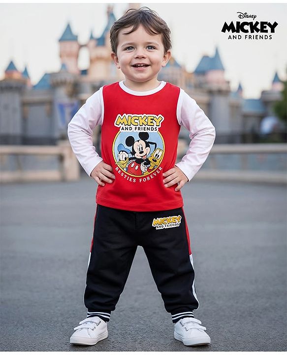 Babyhug Disney Single Jersey Knit Full Sleeves T-Shirt & Joggers Set with Mickey Mouse Graphic - Red White & Black