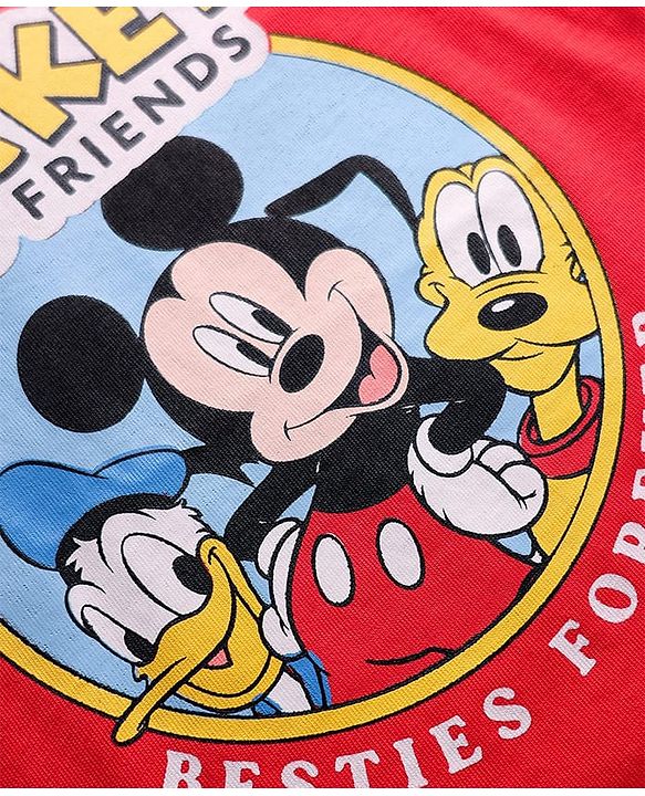 Babyhug Disney Single Jersey Knit Full Sleeves T-Shirt & Joggers Set with Mickey Mouse Graphic - Red White & Black
