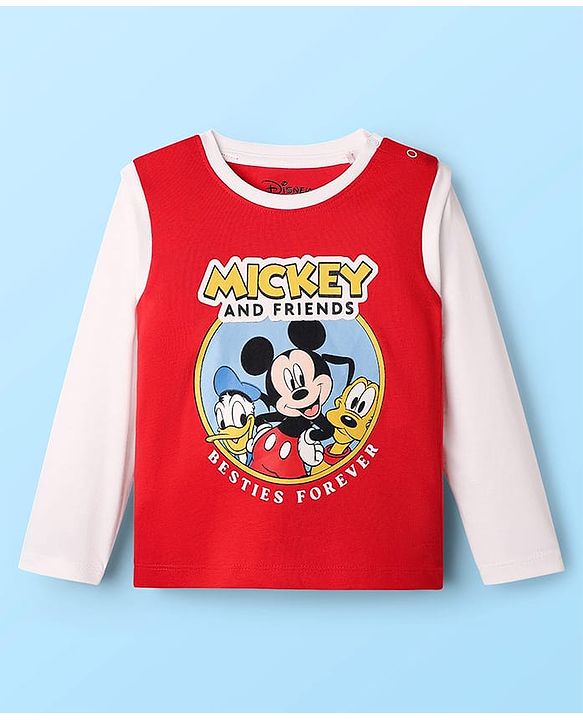 Babyhug Disney Single Jersey Knit Full Sleeves T-Shirt & Joggers Set with Mickey Mouse Graphic - Red White & Black