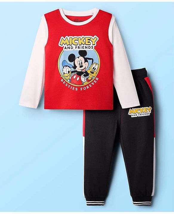 Babyhug Disney Single Jersey Knit Full Sleeves T-Shirt & Joggers Set with Mickey Mouse Graphic - Red White & Black