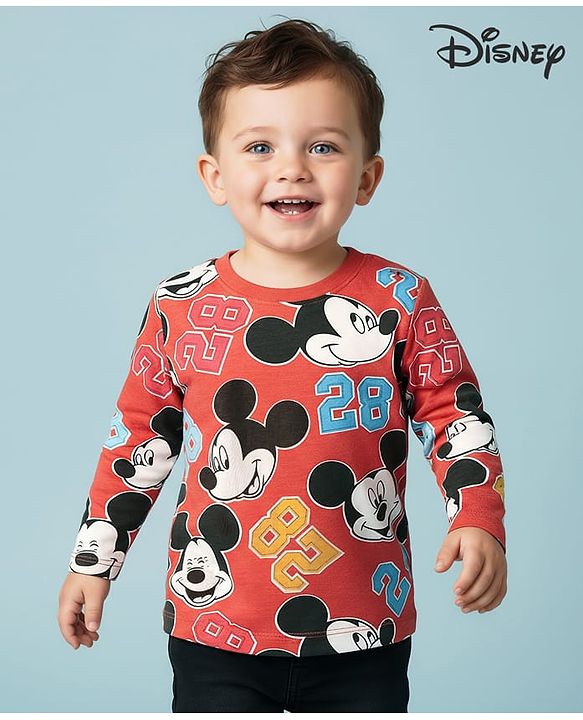 Babyhug Disney Single Jersey Knit Full Sleeves T-Shirt with Mickey Mouse Graphic - Dark Red