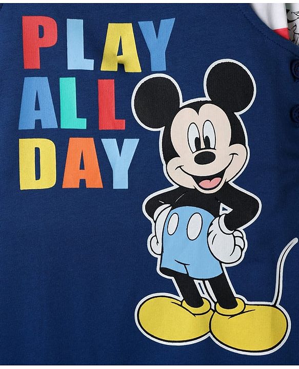 Babyhug Disney Single Jersey Knit Full Sleeves Dungaree & Tee With Mickey Mouse Graphics - Navy Blue & White