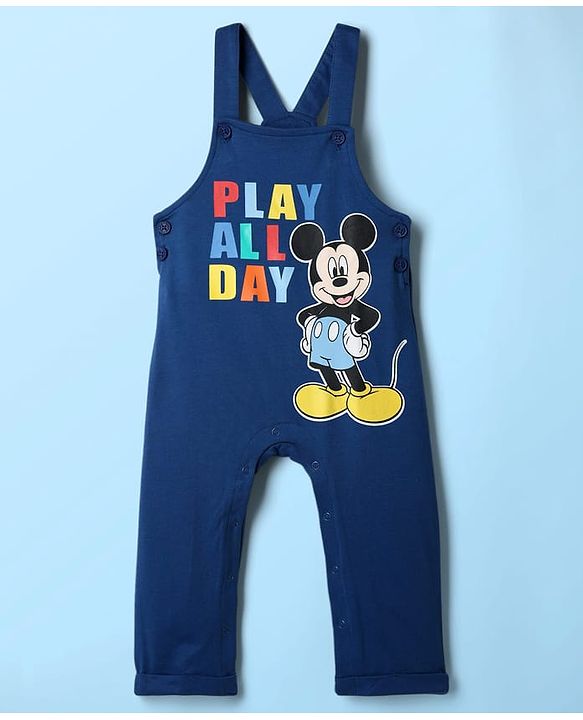 Babyhug Disney Single Jersey Knit Full Sleeves Dungaree & Tee With Mickey Mouse Graphics - Navy Blue & White