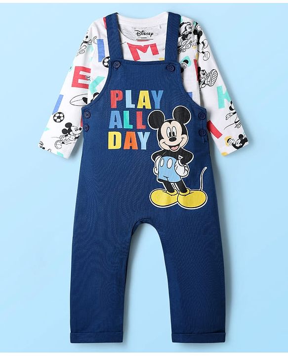 Babyhug Disney Single Jersey Knit Full Sleeves Dungaree & Tee With Mickey Mouse Graphics - Navy Blue & White