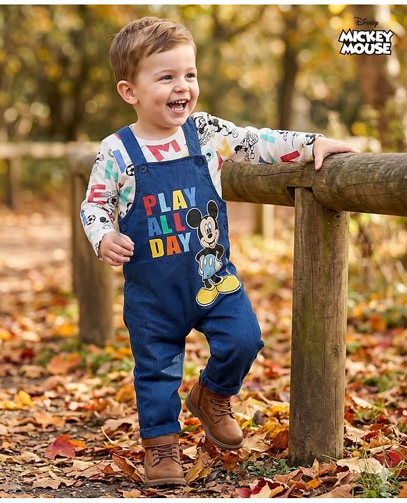 Babyhug Disney Single Jersey Knit Full Sleeves Dungaree & Tee With Mickey Mouse Graphics - Navy Blue & White