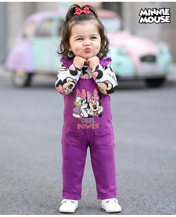 Babyhug Disney 100% Cotton Full Sleeves T- Shirt & Dungaree With Minnie Mouse Graphic - Multi Colour
