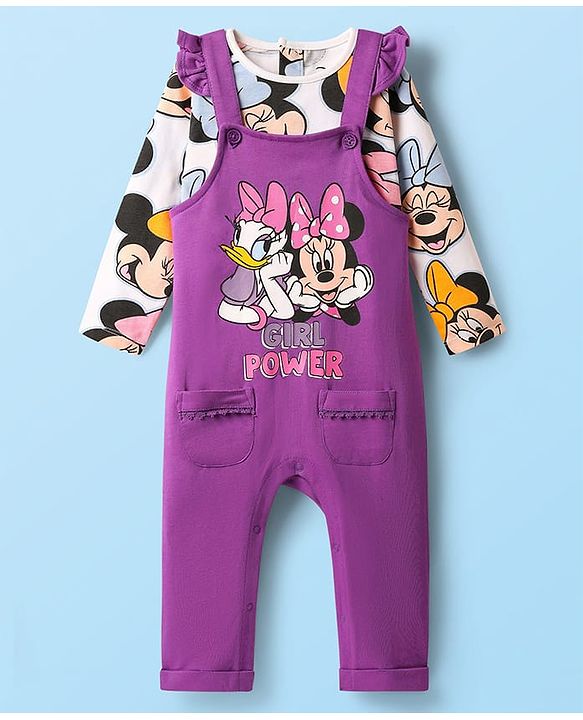 Babyhug Disney 100% Cotton Full Sleeves T- Shirt & Dungaree With Minnie Mouse Graphic - Multi Colour