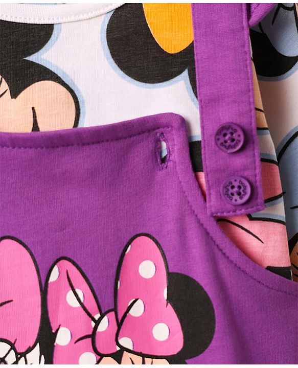 Babyhug Disney 100% Cotton Full Sleeves T- Shirt & Dungaree With Minnie Mouse Graphic - Multi Colour