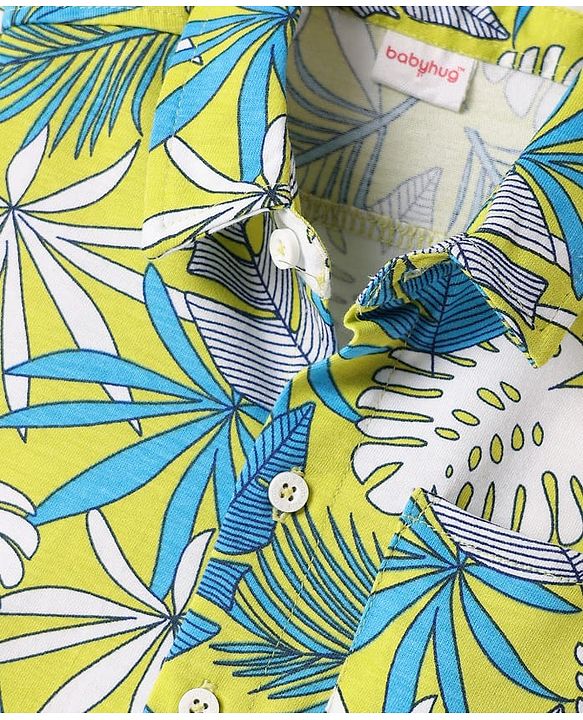 Babyhug Single Jersey Knit Half Sleeves Shirt & Shorts Set with Tropical Print - Green & Navy Blue