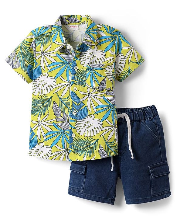 Babyhug Single Jersey Knit Half Sleeves Shirt & Shorts Set with Tropical Print - Green & Navy Blue