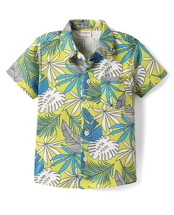 Babyhug Single Jersey Knit Half Sleeves Shirt & Shorts Set with Tropical Print - Green & Navy Blue