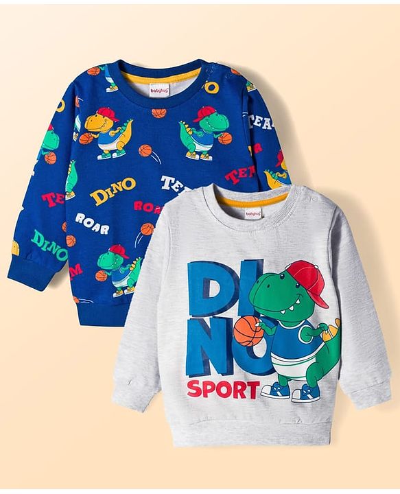 Babyhug Cotton Knit Full Sleeves Pullover Sweatshirts with Dino Graphic Pack of 2 - Navy Blue & Light Grey