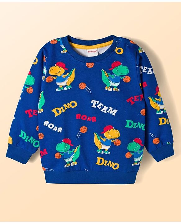 Babyhug Cotton Knit Full Sleeves Pullover Sweatshirts with Dino Graphic Pack of 2 - Navy Blue & Light Grey