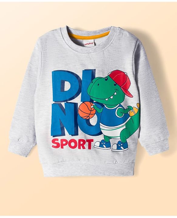 Babyhug Cotton Knit Full Sleeves Pullover Sweatshirts with Dino Graphic Pack of 2 - Navy Blue & Light Grey