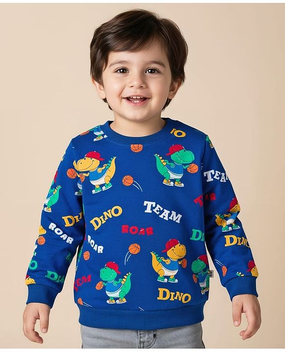 Babyhug Cotton Knit Full Sleeves Pullover Sweatshirts with Dino Graphic Pack of 2 - Navy Blue & Light Grey