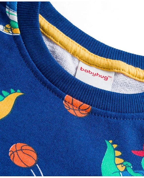 Babyhug Cotton Knit Full Sleeves Pullover Sweatshirts with Dino Graphic Pack of 2 - Navy Blue & Light Grey