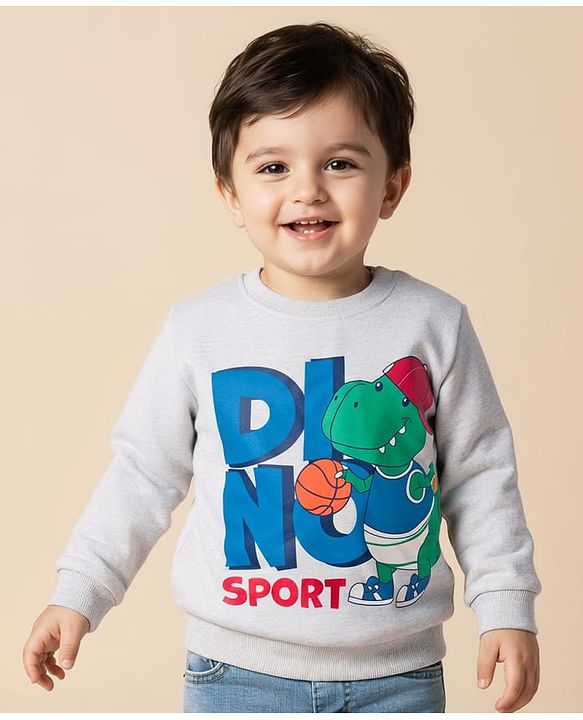 Babyhug Cotton Knit Full Sleeves Pullover Sweatshirts with Dino Graphic Pack of 2 - Navy Blue & Light Grey