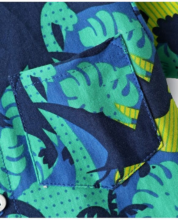 Babyhug Single Jersey Knit Half Sleeves Shirt & Shorts Set with Dino Print - Green & Navy Blue
