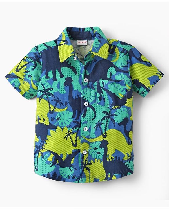 Babyhug Single Jersey Knit Half Sleeves Shirt & Shorts Set with Dino Print - Green & Navy Blue