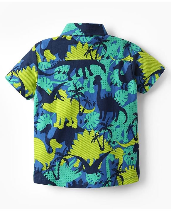 Babyhug Single Jersey Knit Half Sleeves Shirt & Shorts Set with Dino Print - Green & Navy Blue