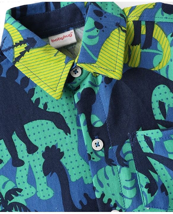 Babyhug Single Jersey Knit Half Sleeves Shirt & Shorts Set with Dino Print - Green & Navy Blue
