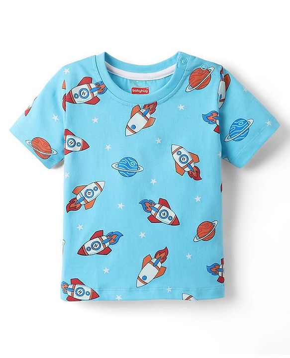 Babyhug Single Jersey Knit Half Sleeves T-Shirt & Shorts Set with Space Print - Light Blue & Navy Blue