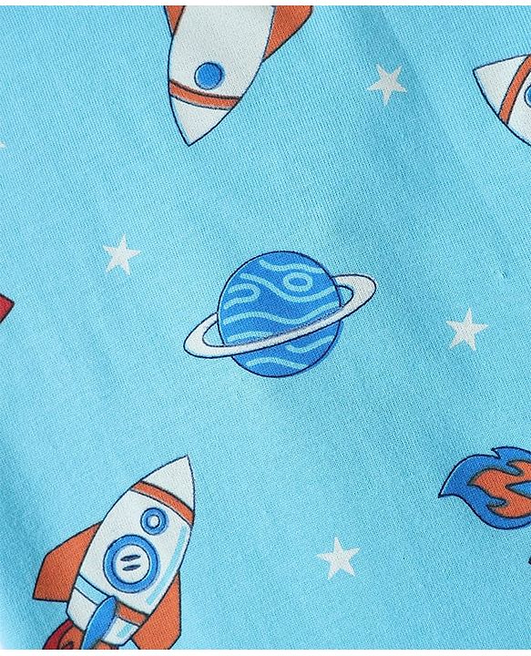 Babyhug Single Jersey Knit Half Sleeves T-Shirt & Shorts Set with Space Print - Light Blue & Navy Blue