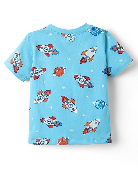 Babyhug Single Jersey Knit Half Sleeves T-Shirt & Shorts Set with Space Print - Light Blue & Navy Blue