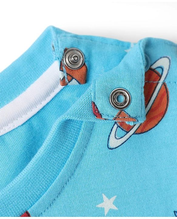 Babyhug Single Jersey Knit Half Sleeves T-Shirt & Shorts Set with Space Print - Light Blue & Navy Blue