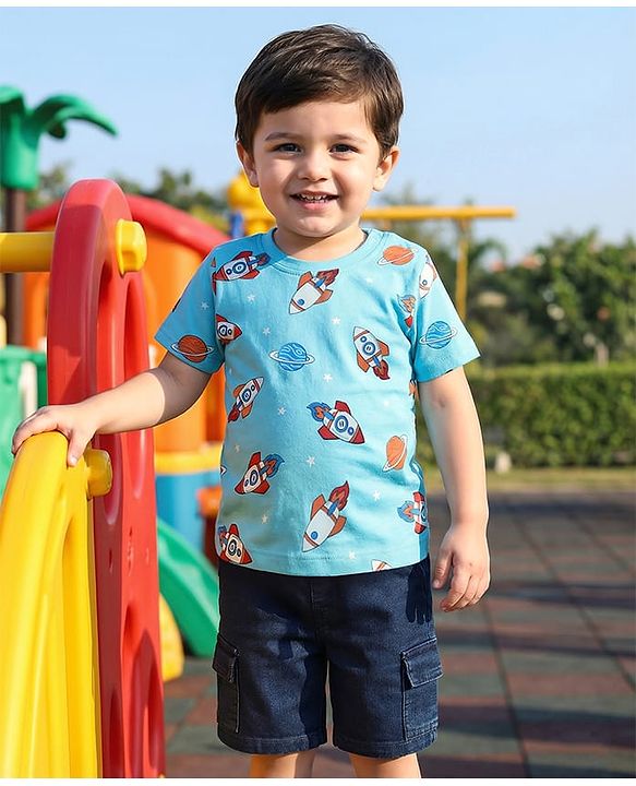 Babyhug Single Jersey Knit Half Sleeves T-Shirt & Shorts Set with Space Print - Light Blue & Navy Blue