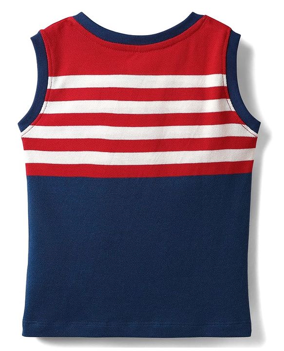Babyhug Single Jersey Knit Sleeveless Tank T-Shirt & Shorts Set with Stripes- Red & Navy Blue
