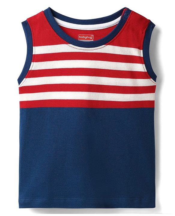 Babyhug Single Jersey Knit Sleeveless Tank T-Shirt & Shorts Set with Stripes- Red & Navy Blue