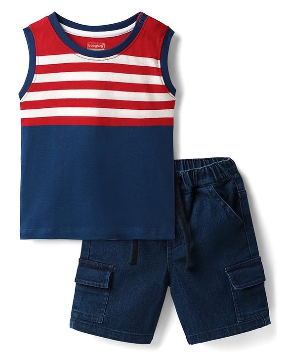 Babyhug Single Jersey Knit Sleeveless Tank T-Shirt & Shorts Set with Stripes- Red & Navy Blue