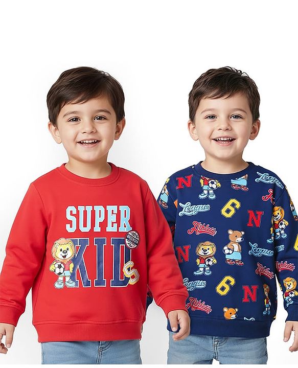Babyhug Cotton Knit Full Sleeves Animal & Sports Theme Printed Sweatshirts Pack Of 2 - Multi Colour