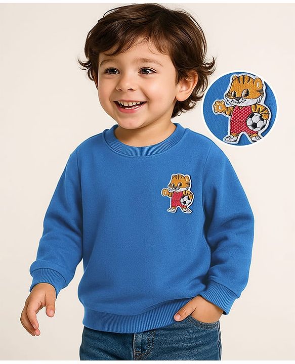 Babyhug Cotton Knit Full Sleeves Sweatshirt With Tiger Patch - Blue