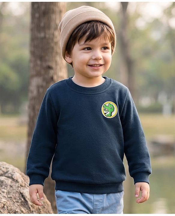 Babyhug Cotton Knit Full Sleeves Sweatshirt With Dino Patch - Navy Blue