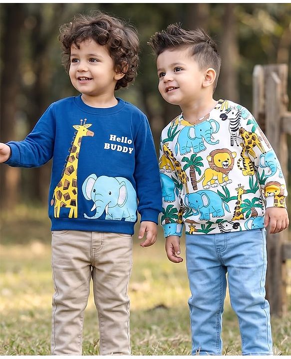 Babyhug Cotton Knit Full Sleeves Animal Printed Sweatshirts Pack of 2 - Blue & White