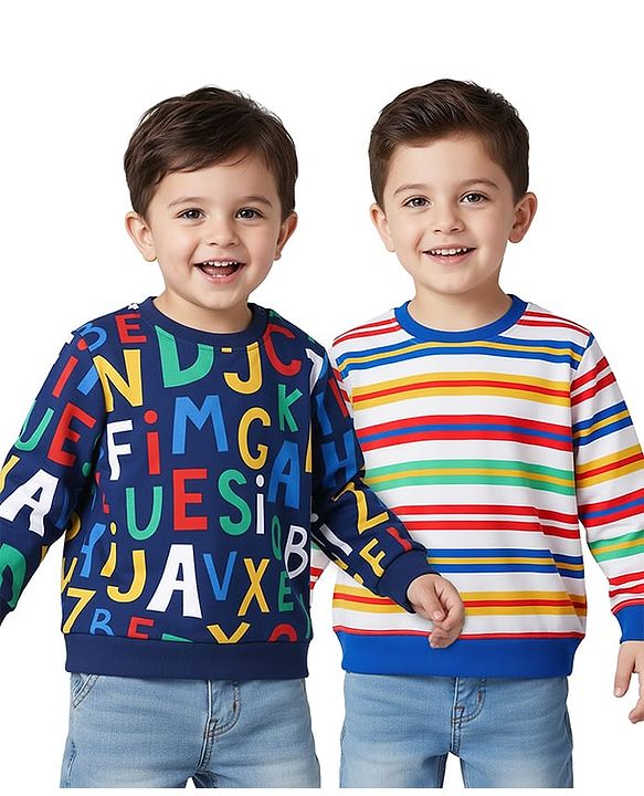 Babyhug Cotton Knit Full Sleeves Striped & Alphabet Printed Sweatshirts Pack of 2 - Multicolor
