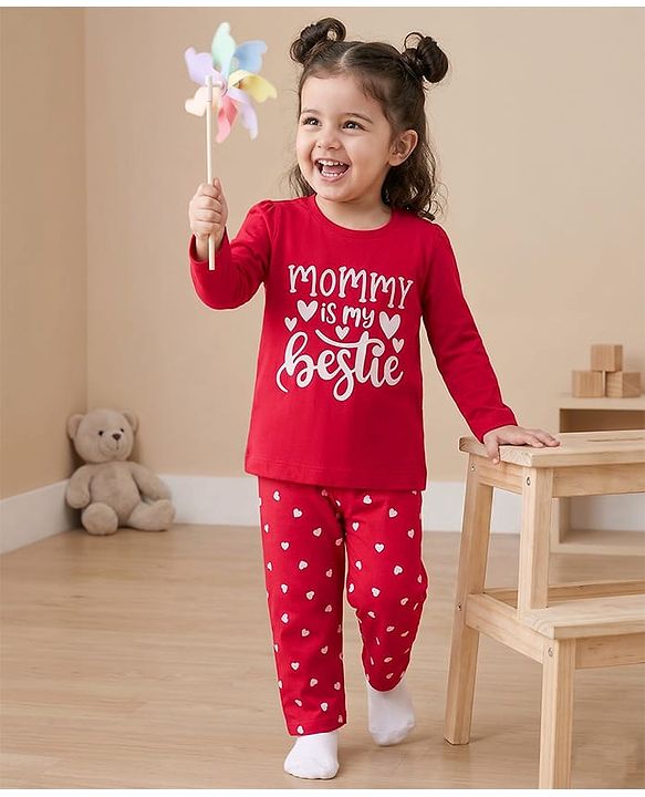 Babyhug Cotton Knit Full Sleeves Night Suit with Heart Print - Red