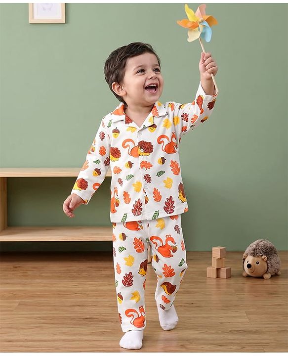 Babyhug Cotton Knit Full Sleeves Co-Ord Night Suit With Squirrel & Porcupine Print - White