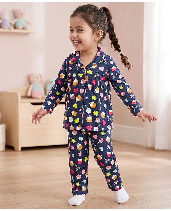Babyhug Cotton Knit Full Sleeves Co-ords Night Suit with Heart Print - Navy Blue