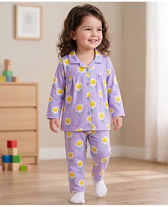 Babyhug Cotton Knit Full Sleeves  Front Open Co-Ord Night Suit with Sunflower Print - Lavender