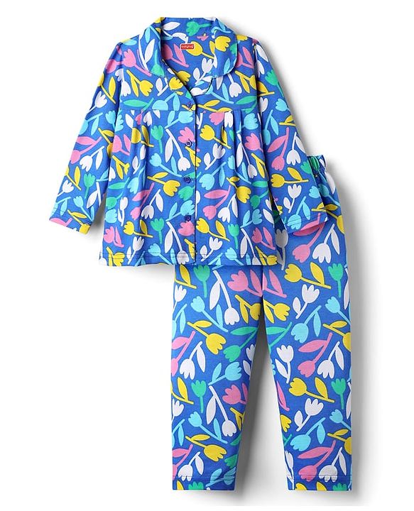 Babyhug Cotton Knit Full Sleeves Floral Printed Front Open Co-Ords Night Suit - Blue
