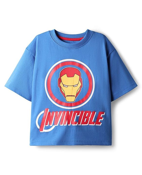Pine Kids Marvel Single Jersey Knit Drop Shoulder Half Sleeves Oversized T-Shirt & Shorts Set With Iron Man Graphics - Blue