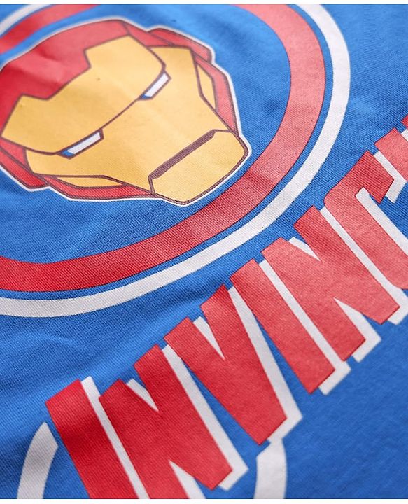 Pine Kids Marvel Single Jersey Knit Drop Shoulder Half Sleeves Oversized T-Shirt & Shorts Set With Iron Man Graphics - Blue
