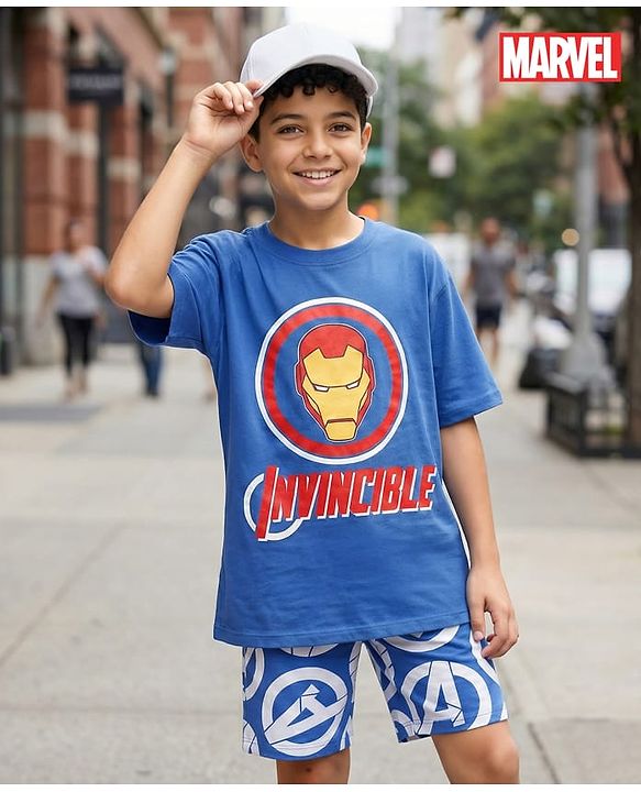 Pine Kids Marvel Single Jersey Knit Drop Shoulder Half Sleeves Oversized T-Shirt & Shorts Set With Iron Man Graphics - Blue