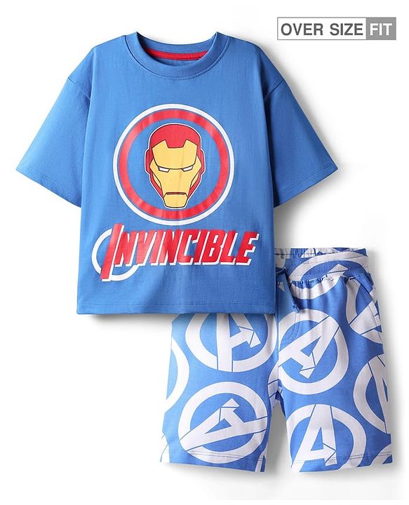 Pine Kids Marvel Single Jersey Knit Drop Shoulder Half Sleeves Oversized T-Shirt & Shorts Set With Iron Man Graphics - Blue