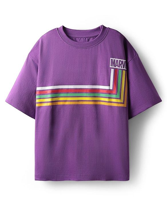 Pine Kids Marvel Single Jersey Knit Drop Shoulder Half Sleeves Oversized T-Shirt & Shorts Set With Avengers Graphics - Purple