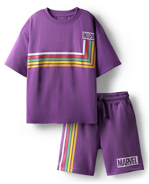 Pine Kids Marvel Single Jersey Knit Drop Shoulder Half Sleeves Oversized T-Shirt & Shorts Set With Avengers Graphics - Purple